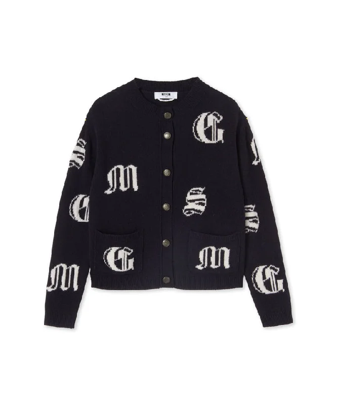 Wool cardigan with gothic logo Blue