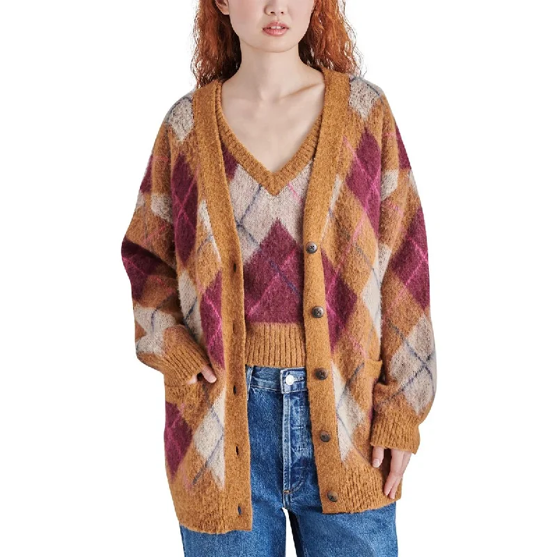 Steve Madden Womens Lexie Wool Blend Argyle Cardigan Sweater