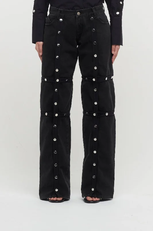 The Attico Long Button Off Denim Pants in Black