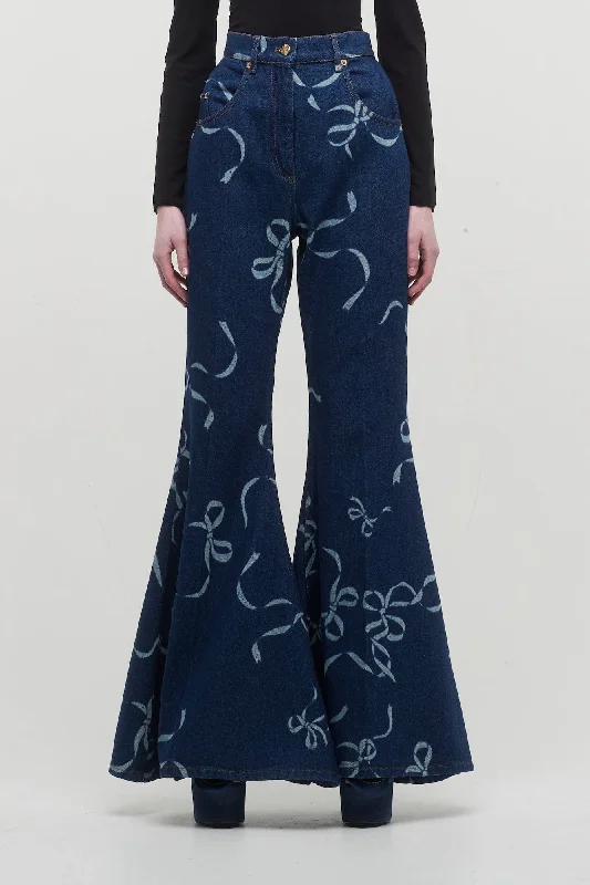 Nina Ricci Laser Bow-Print Denim Flare Pants