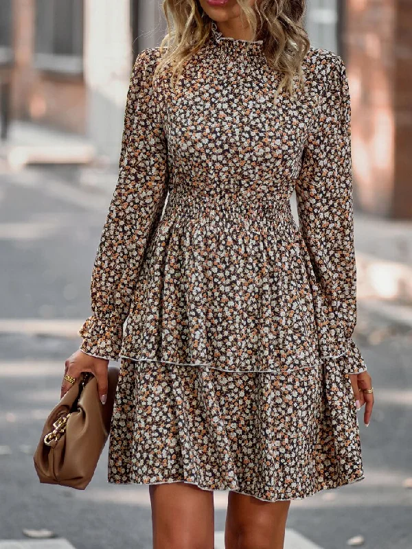 FashionSierra - Floral Print Ruffles O-neck Lantern Sleeve Dress