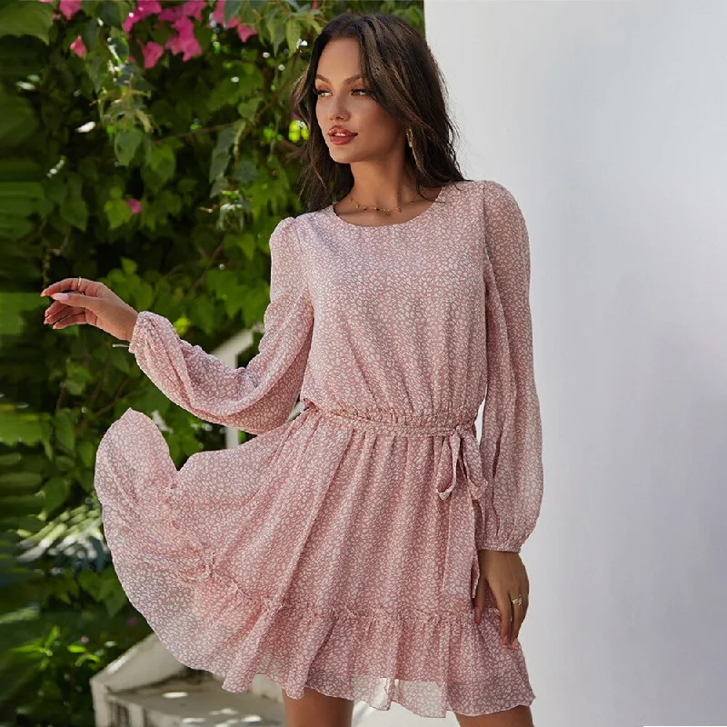 FashionSierra - Chiffon Casual Long Sleeve Ruffles High Waist Dress