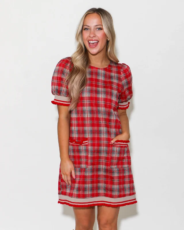 Red Plaid Short Sleeve Mini Dress