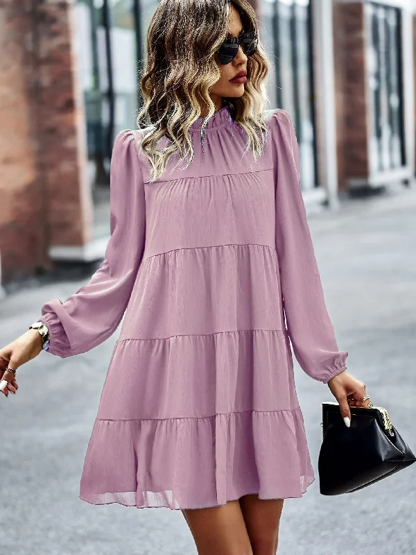 FashionSierra - Round Neck Lantern Sleeve Ruffles Lace Up Dress