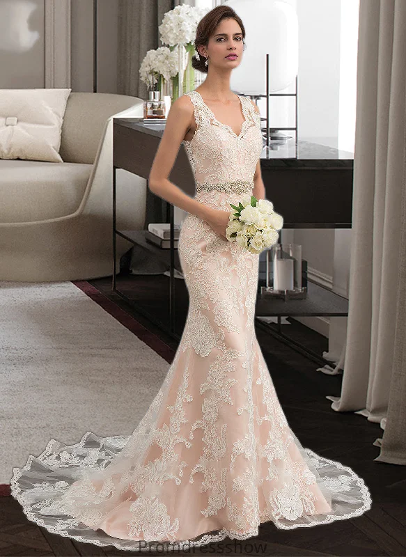 Amani Trumpet/Mermaid V-neck Chapel Train Tulle Lace Wedding Dress With Beading STKP0013810