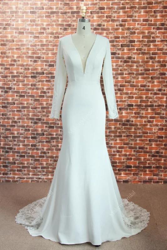 Charming V-Neck Long Sleeves Lace Mermaid Wedding Dress