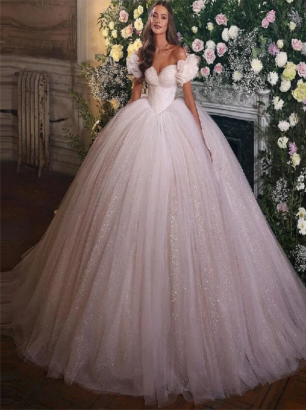 Courtly Style Puff Sleeve Pleating Sequins Tulle Ball Gown Wedding Dresses, WDY0339