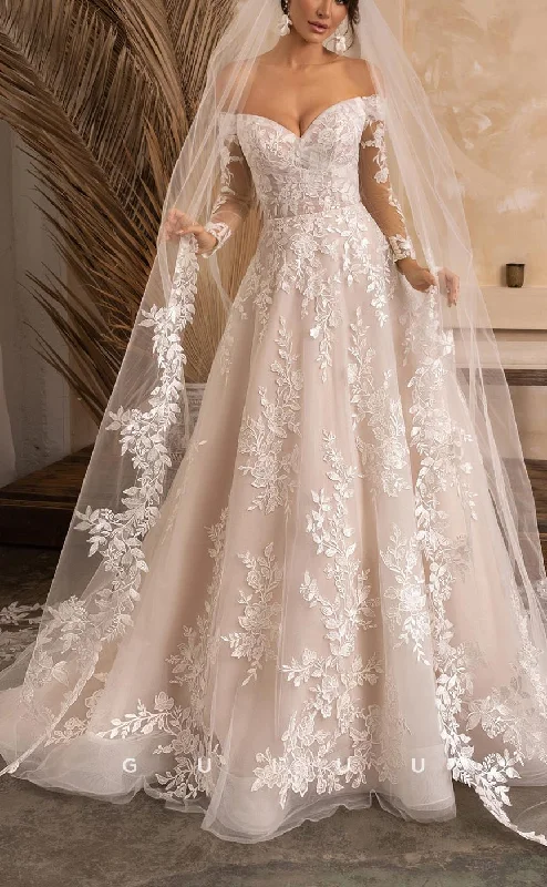 GW634 - Elegant & Luxurious A-line Off Shoulder Allover Floral Appliques Long Sleeves Wedding Dress with Sweep Train