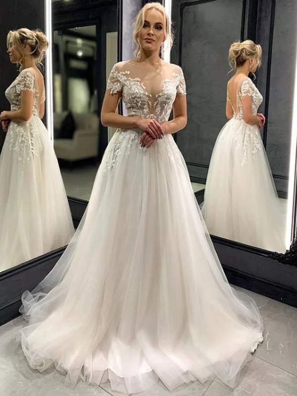 Elegant V-neck Tulle A-line Cheap Long Wedding Dresses Online,RBWD0029