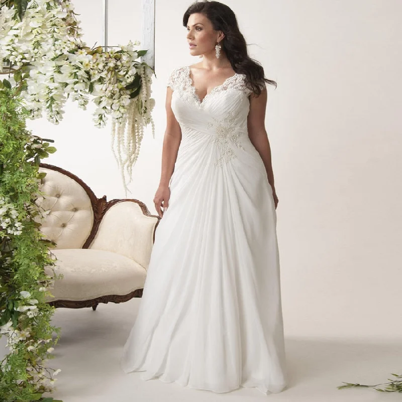 Plus Size Wedding Dresses Stock Cap Sleeve V-neck Lace Applique Chiffon