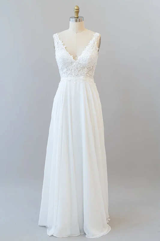 Long A-line V-neck Appliques Lace Chiffon Wedding Dress