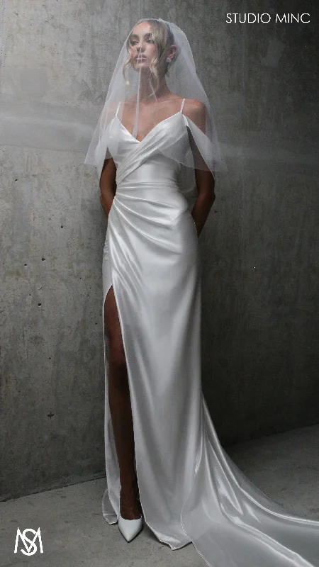 Opulence - White Wedding Dress, Satin V Neckline, arm drapes and leg slit