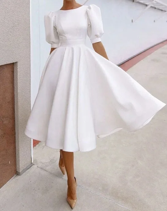 Satin Puff Sleeve Tea Length Wedding Dress