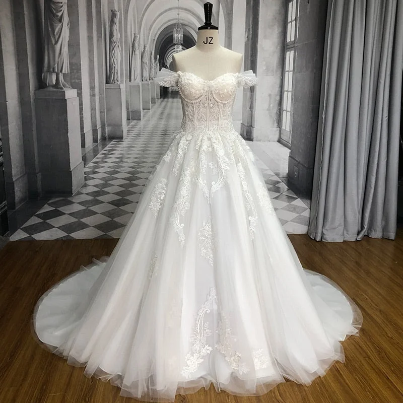 Court Train A-Line Wedding Dress Off Shoulder Beaded Vintage Bride Gown