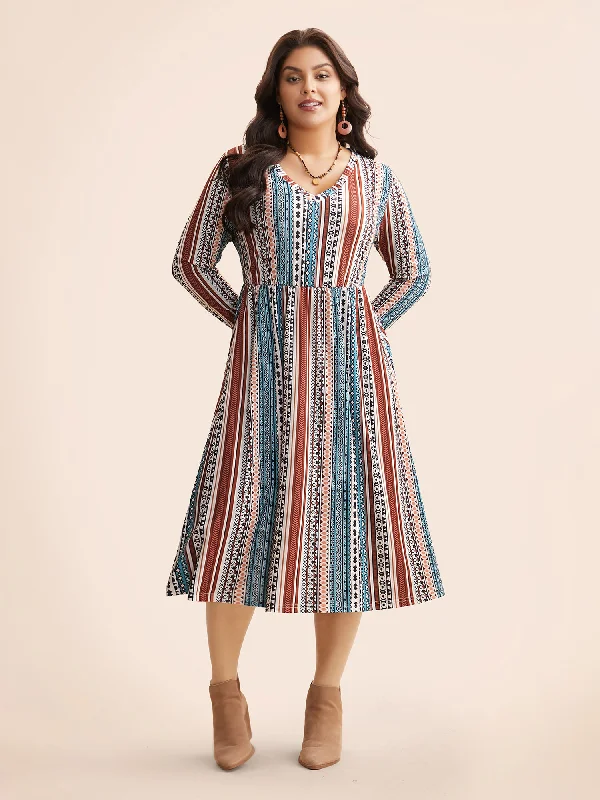 Bandana Striped V Neck Midi Dress Vintage midi dresses