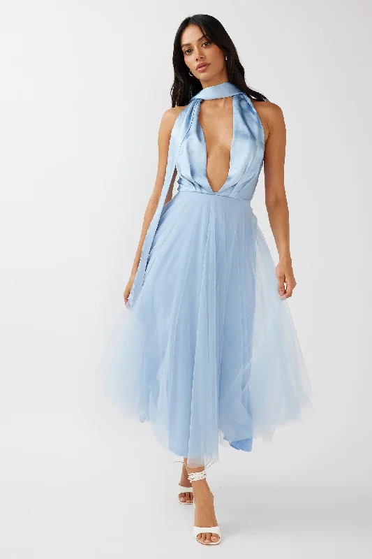 Darci Plunging Neckline Tulle Midi Dress Blue Halter midi dresses