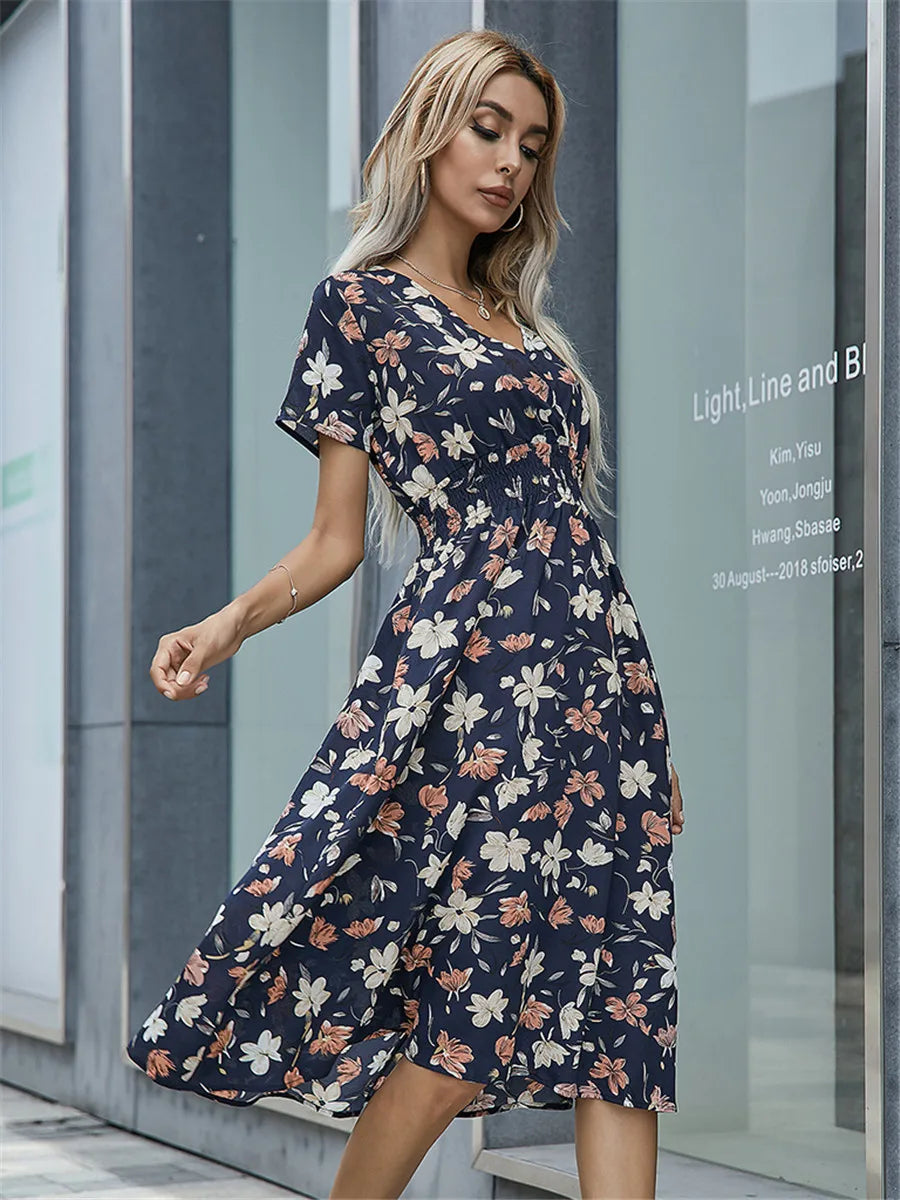 Floral Chic Summer Short Sleeve Fashionable Midi Dress Red carpet midi dresses