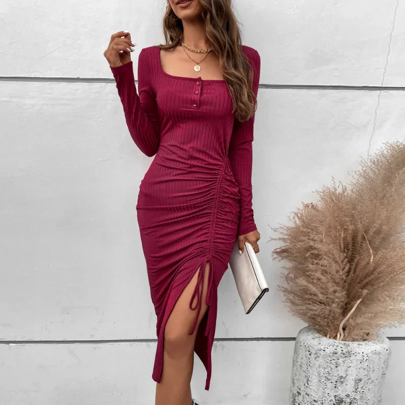 Drawstring Split Elegant High Waist Skinny A-Line Midi Dress A-line midi dresses