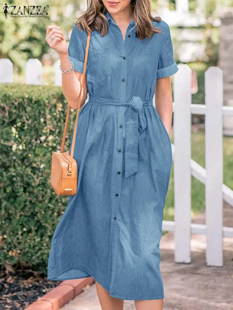 2024 Summer Denim Blue Lapel Neck Short Sleeve Work Casual ShirtMidi Dress Y2K midi dresses