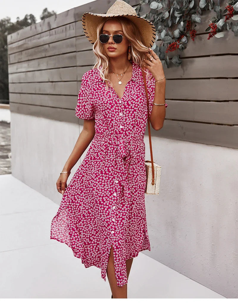 Boho Chic Floral Print Button V-Neck Casual Summer Midi Dress Vacation midi dresses