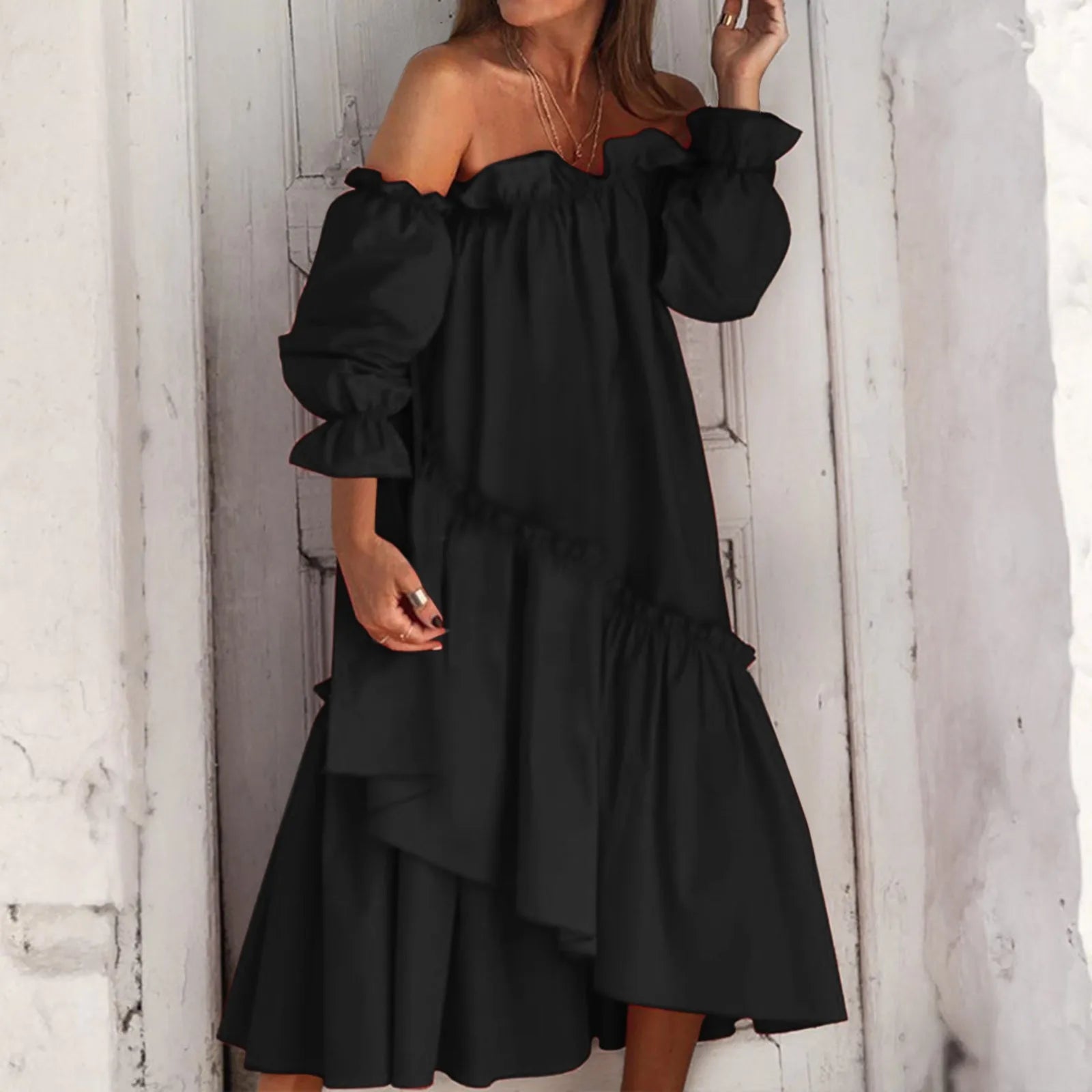 Asymmetrical Loose Irregular Ruffles Long Sleeve Bohemian Beach Midi Dress Leather midi dresses