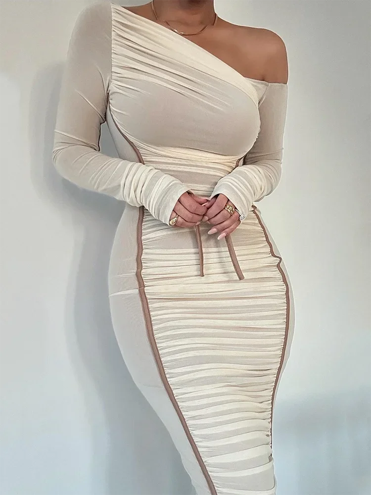 Diagonal Collar Mesh Backless Ruched Bodycon Long Midi Dress Silk midi dresses