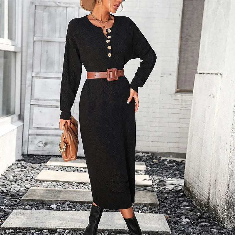 Casual Loose Knitted Sweater Button Solid Autumn/Winter Midi Dress Summer midi dresses