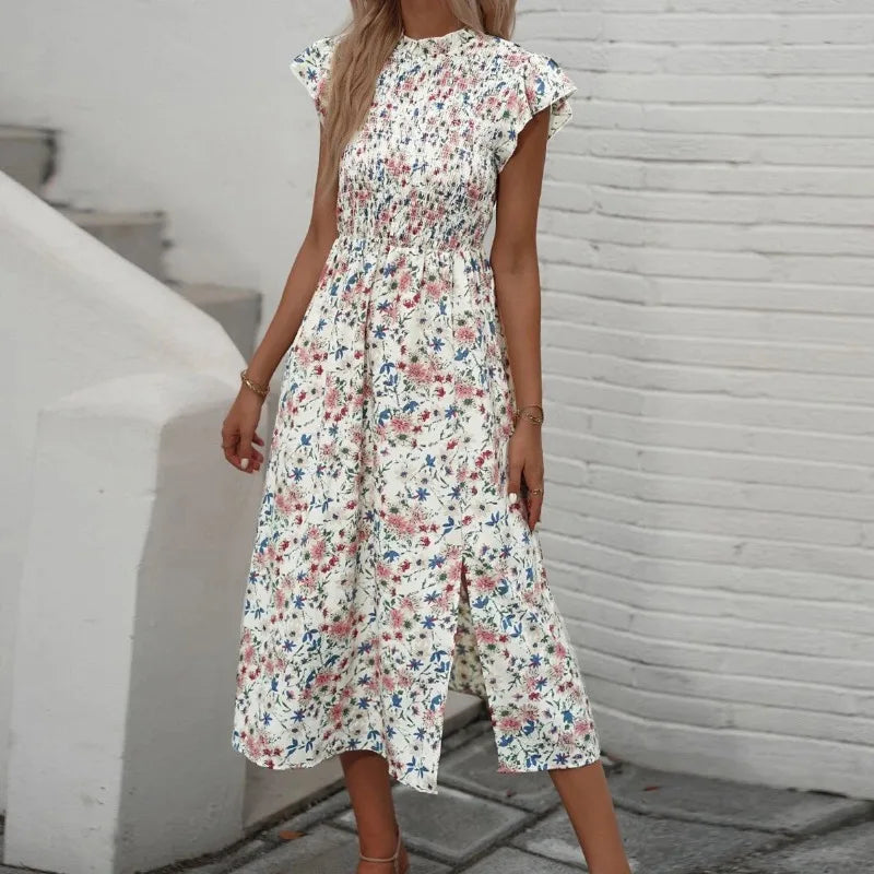 Elegant Floral Print O-neck Short Sleeve Elastic High Waist Split Midi Dress Versatile midi dresses for all occasions