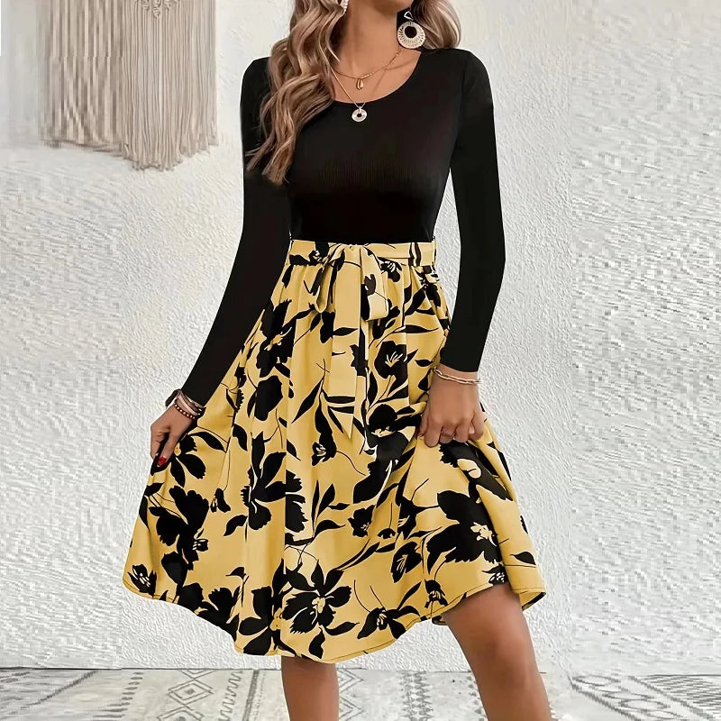 Skinny Elastic High Waisted Floral Print Full Sleeve A-line Midi Dress Fashion-forward midi dresses