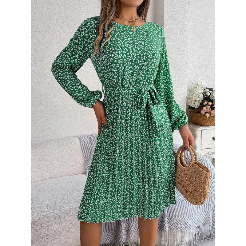 Elegant Floral Print Full Lantern Sleeves Lace up Pleated Midi Dress Women's trendy midi dresses sale