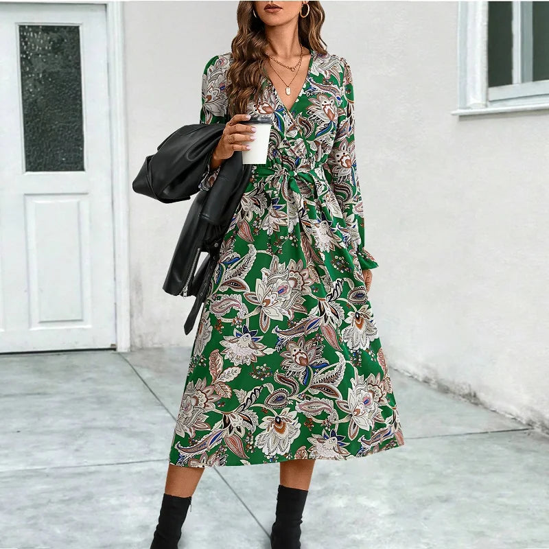 Elegant Floral Cross V-neck Flare Sleeves Lace-up Midi Dress Best midi dresses for casual wear