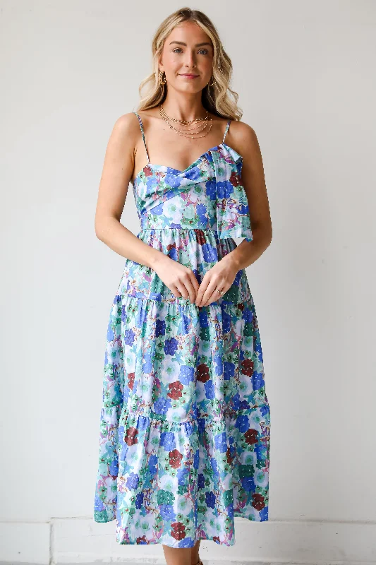 FINAL SALE - Favorite RSVP Blue Floral Tiered Midi Dress Best midi dresses for summer vacation