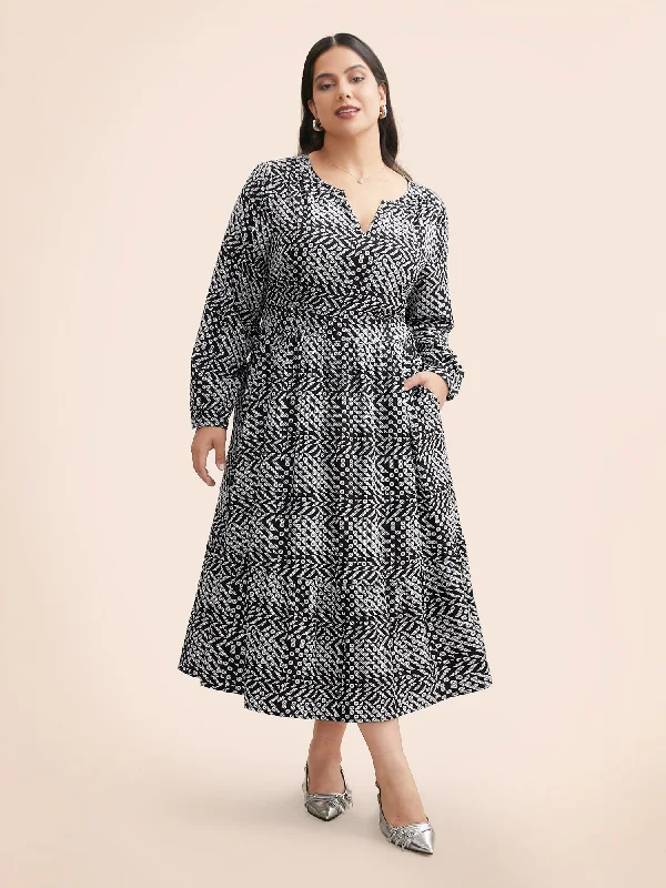 Geometric Notched Lantern Sleeve Midi Dress Wedding guest midi dresses