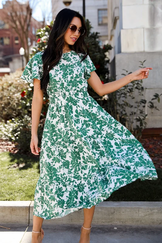 Island Sunsets Green Floral Midi Dress Denim midi dresses