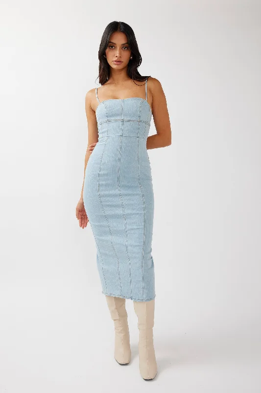 Lenni Denim Midi Dress Light Blue Ruffled midi dresses