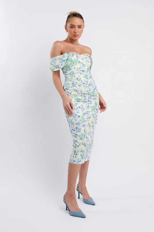 Lillianne Off-Shoulder Midi Dress Floral Blue Satin midi dresses