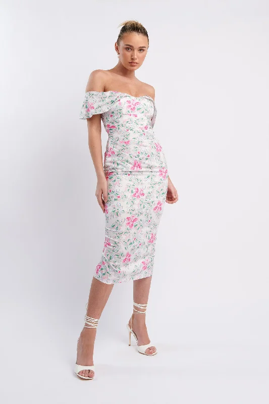 Lillianne Off-Shoulder Midi Dress Floral Pink Best midi dresses for elegant looks