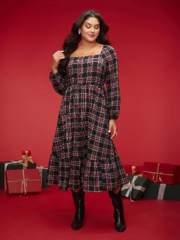 Plaid Square Neckline Puffy Sleeve Midi Dress Zara midi dresses