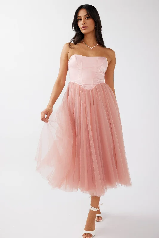 Rosemary Tulle Bustier Midi Dress Pink Minimalist midi dresses