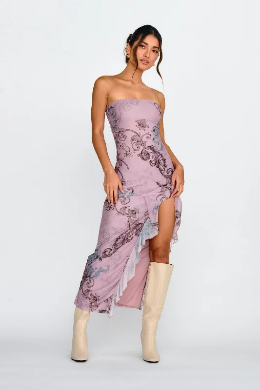 Shelby Strapless Ruffle Split Midi Dress Mauve Budget-friendly midi dresses