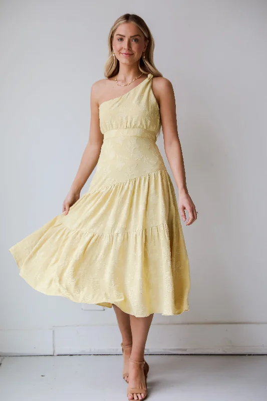 FINAL SALE - Sunshine Daydream Yellow One-Shoulder Tiered Midi Dress Bodycon midi dresses