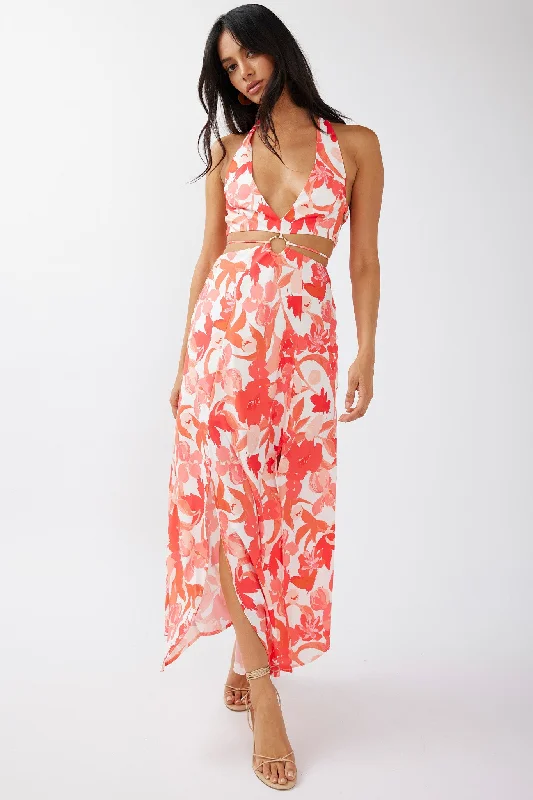 Tuscan Summers Cut-Out Midi Dress Floral Red Flattering midi dresses for all body types