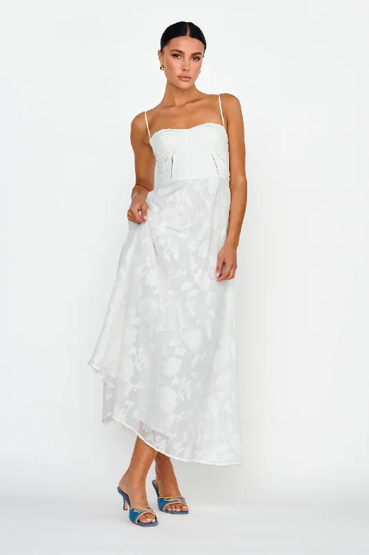 Well Wishing Textured Laced Back Midi Dress White Hot new arrivals in midi dresses