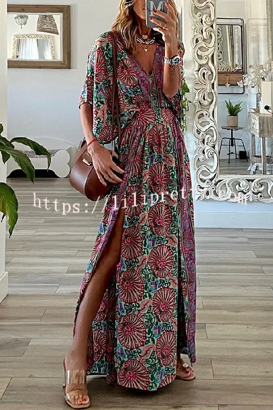 Lilipretty Bohemian Ways Batwing Sleeve Slit Maxi Dress