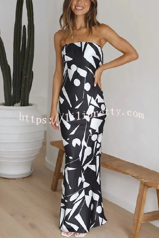 Lilipretty Cassy Satin Geometric Print Off Shoulder Maxi Dress