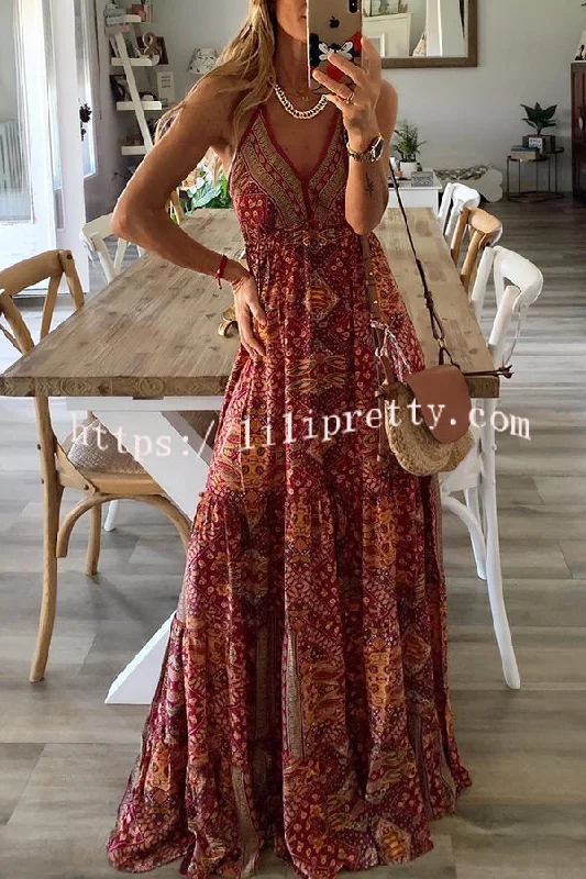 Lilipretty Celeste Boho Printed Strap Elastic Waist Maxi Dresses