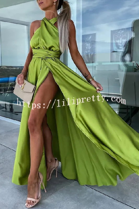 Lilipretty Different Elegant Effects Satin Free Tie Neck Slit Maxi Dress