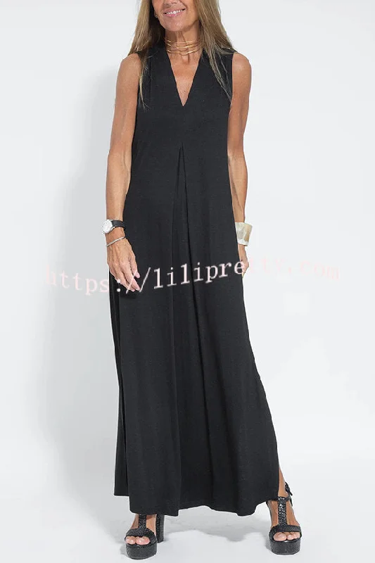 Lilipretty Elegant Is Eternal Knit Solid Color Sleeveless Slit Maxi Dress