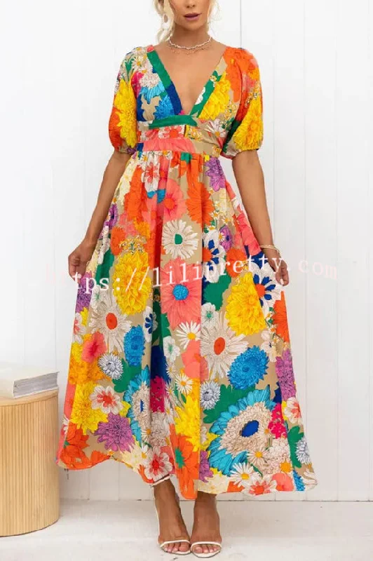 Lilipretty Floral Frenzy Printed Puff Sleeve Back Smocked Maxi Dress