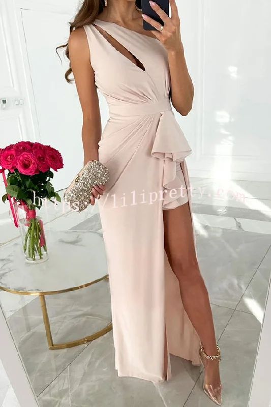 Lilipretty Forever Luxe One Shoulder Cutout Ruffle Split Maxi Dress